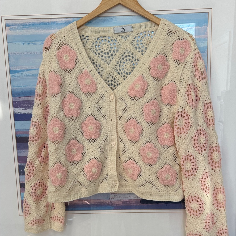 Elegant Cream and Pink Crochet Cardigan-nwot